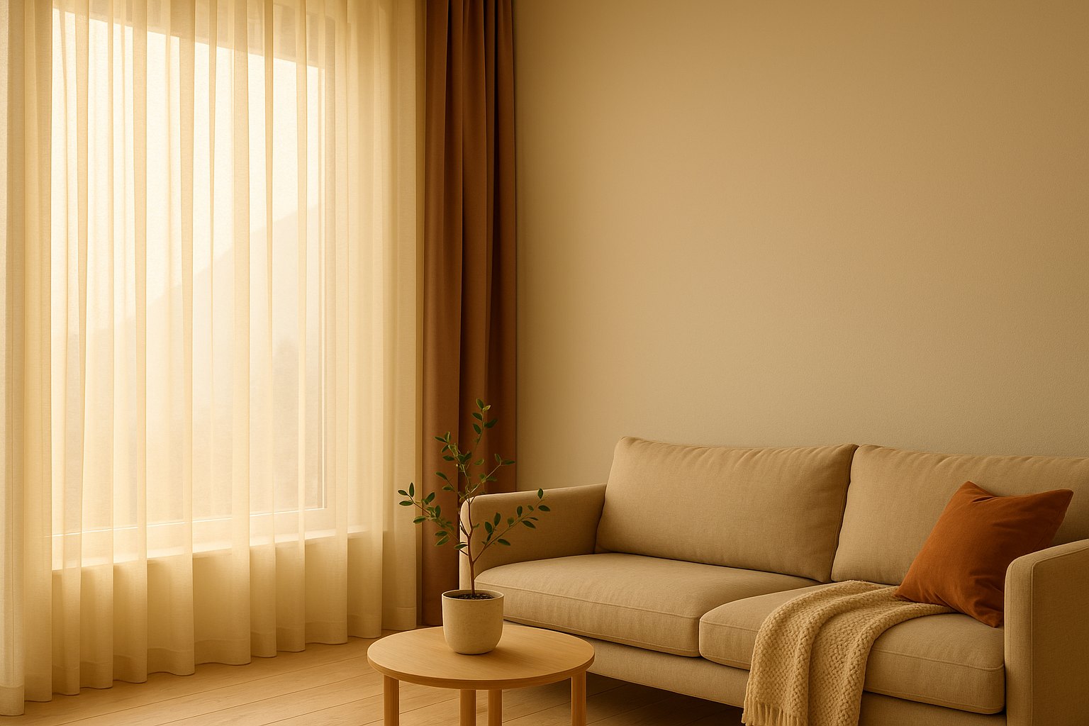 Cortinas de voil filtrando a luz dourada numa sala aconchegante
